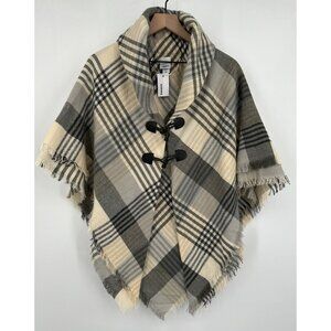 Sonoma Toggle Ruana Cardigan One Size Ivory Neutral Plaid Fringe Elastic Neck